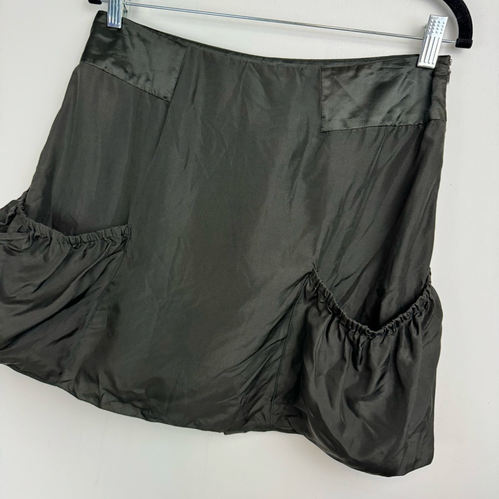 Prada 100% Silk Bubble Pockets Mini Skirt Sz 42 Dark Olive Satin - Picture 3 of 16